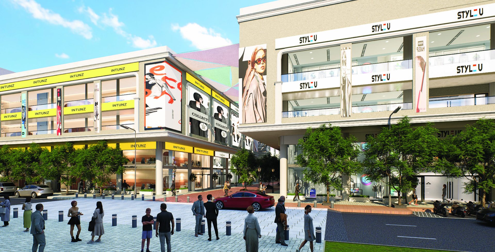 Street-level view of The Town Junction storefronts and plaza