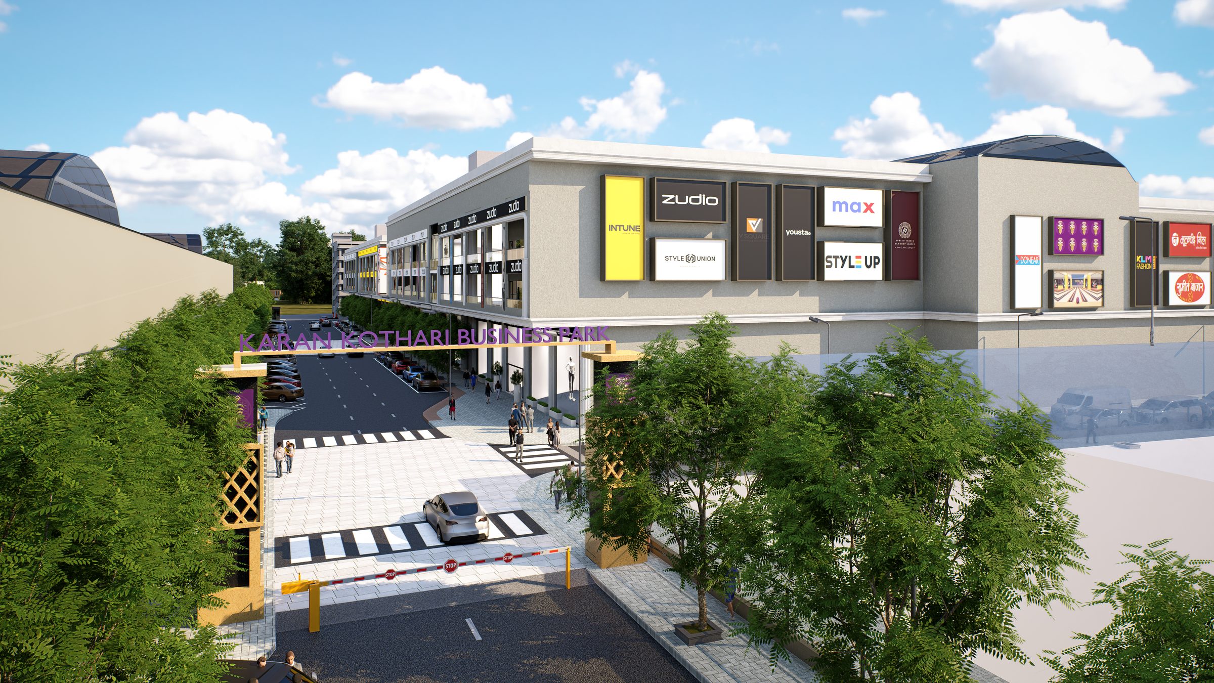 Aerial view of the Karan Kothari Business Park entrance and storefronts